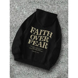 Men's "faith Over Fear" Slogan Print Drawstring Hoodie, Street Casual Regular Fit Long Sleeve Pocket Hooded Sweatshirt for Fall & Winter, Men's Top for Daily Wear Vintage Hoodies