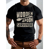 Men's Casual T-Shirt With "Wooden Spoon Survivor" Graphic Print, Short Sleeve Crew Neck Summer Trendy Top For Daily Wear, 1 pc, 100% cotton T-shirt Made in USA