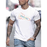 Men's Guitar Print T-shirt, Casual Short Sleeve Crew Neck Tee, Men's Clothing For Outdoor Made in USA