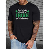 Men's Lucky Irish St. Patrick's Day T-Shirt - Casual Crew Neck, Short Sleeve, Black with Green Clover Graphic, Cotton Blend, Summer Wear, Everyday Tshirt|Playful Graphic Tee|Tattoos Complement The Edgy Look, Made in USA