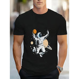 Men's Novelty T-Shirt, Casual Polyester, Round Neck, Stretch Fabric, Geometric Astronaut & Basketball Print, Regular Fit, Knit Construction Made in USA
