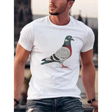 Men's Pigeon Print T-shirt, Casual Comfy Slightly Stretch Crew Neck Tee, Men's Clothing For Summer Outdoor Activity Made in USA