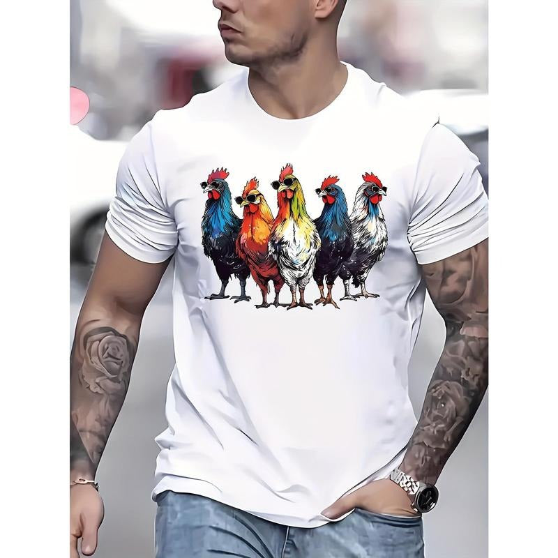 Men's short sleeve, high quality breathable material, delicate print, hand-painted style of rooster and sunglasses print, soft and skin, sweat absorption, easy movement Made in USA