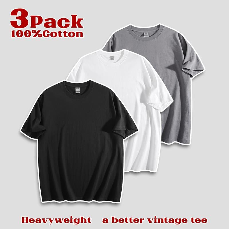 Mens Cotton T-Shirt Plain Tee, Vintage Heavyweight, Loose Fit, Tough Guy Style, 3 Pack Deal Top Casual Streetwear Menswear Tshirt Round Neck Tropical Crewneck Shortsleeve Bestie Beige Biker