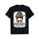 [Messy Bun Autism Mom] Mothers Day Autism Mom T-Shirt 2024 - Messy Bun Bleached Printed Pattern - Black Casual Blazer Short Sleeve Men Sports Made in USA