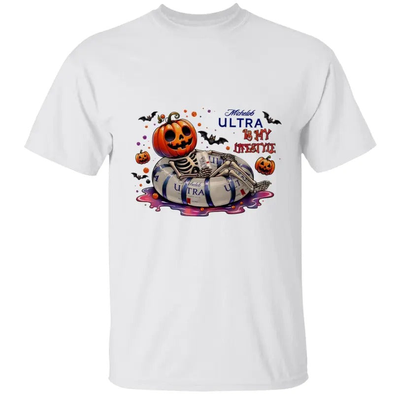 Michellob Ulltra beer Tshirt, Skeleton Pumpkin Shirt, Pumkin Tee, Halloween Shirt, Unisex Classic Cotton Tee with Graphic Print in All Sizes, For Men, For Women