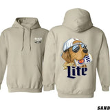 Miller Lite T-shirt Sweatshirt Hoodie- Featuring a stylish dog with a backwards cap and Miller Lite can, this Unisex hoodie is perfect for those who enjoy a laid-back and playful vibe