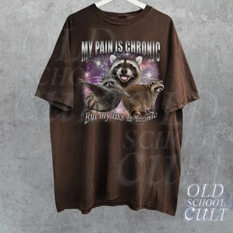 My Pain Is Chronic Raccon Vintage Bootleg T-Shirt, Funny 90s Retro Raccoon T Shirt, Weird T Shirt, Meme T Shirt, Trash Possums, Crazy Shirts