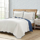 King/Cal King, White, Navy, Scalloped, Edge, Reversible, Thin/Light, Quilt Set