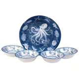 5-Piece, Starfish, Sea Shells, Octopus, Beach, Dinner, Bowl Set, Blue and White