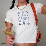 Ocean Themed Baby Tee Women, Y2K Coquette Graphic T-Shirt with Marine Animals