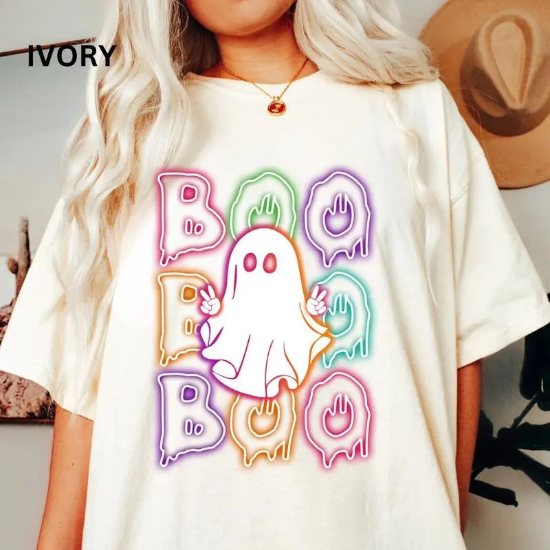 Oversized Boo Shirt, Neon Boo Shirt,  Halloween Ghost shirt, Comfort Colors Halloween Shirt, Casual Shirt Unisex, Halloween Clothing, Graphic Halloween Apparel, Casual Cotton T-shirt, Unisex Halloween  Top Fabricstyle{n002}2