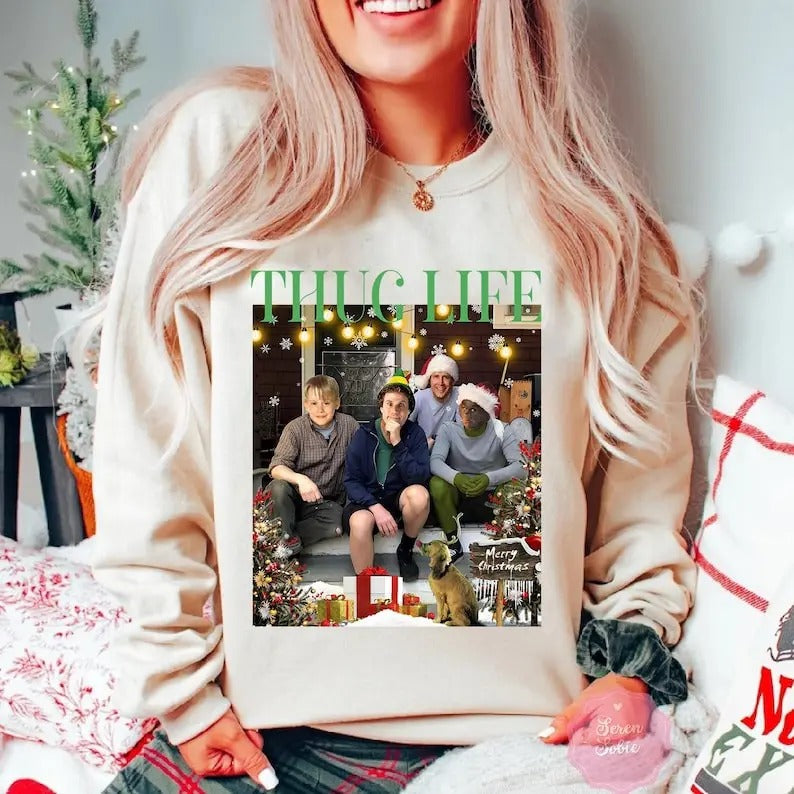 Oversized Thug Life Christmas Shirt, Christmas Movie Shirt, Christmas Friends Shirt, Christmas Gifts for Women, Holiday Crewneck Xmas, 90s Movie Xmas
