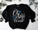 Oy To The World Sweatshirt, Funny Hanukkah Hoodie, Gift Sweatshirt For Jewish, Celebration Long Sleeve, Menorah Hoodie For Mom, Religious Sweatshirt.