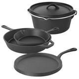 5-Piece, Cast Iron, Cookware Set, Dutch Oven, Griddle, 2 Skillets