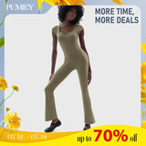 PUMIEY Scoop Neck Flare Jumpsuits for Women Cap Short Sleeve Bodycon Casual Unitard Slim-fitting