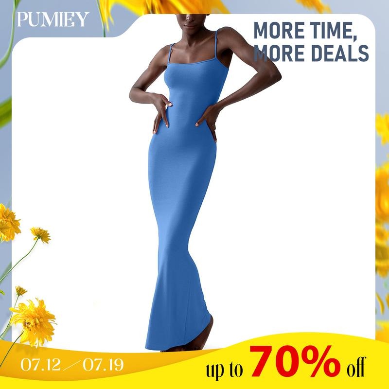 PUMIEY Women's Minimalist Bodycon Maxi Cami Dress, Comfort Spaghetti Strap Womenswear,Tight Dresses for Holiday Party Daily Wear, Casual Sleeveless Dress, Basic Ladies Clothing, Lady Casual Wear
