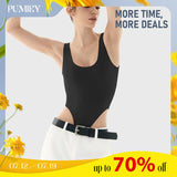 PUMIEY Women's Square Neck High-Cut Bodysuit Sexy Tops Sharp Collection Slim-fitting Plain