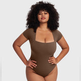 PUMIEY Women's Square Neck Short Sleeve Bodysuit Slim-Fitting Tops for Women Trendy Smoke Cloud Pro Collection Plain candice  swanepoel Shortsleeve Minimalist Comfort Womenswear
