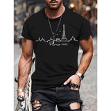 Paris Eiffel Tower Graphic Print T-Shirt for Men - Casual Crew Neck Cotton Tee with Slight Stretch, Knit Fabric Regular Fit Shirt Made in USA