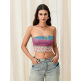 Women's Summer Slim Tube Tops Sleeveless Off Shoulder Floral/Pattern Print Bandeau Polyester Womenswear Check Light