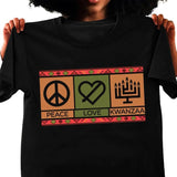 Peace Love Kwanzaa Unisex Tee,  African American Cultural Shirt, Kwanzaa Candles Tee, Black History Shirt, Kwanzaa African Holiday Tee Classic Cotton Top