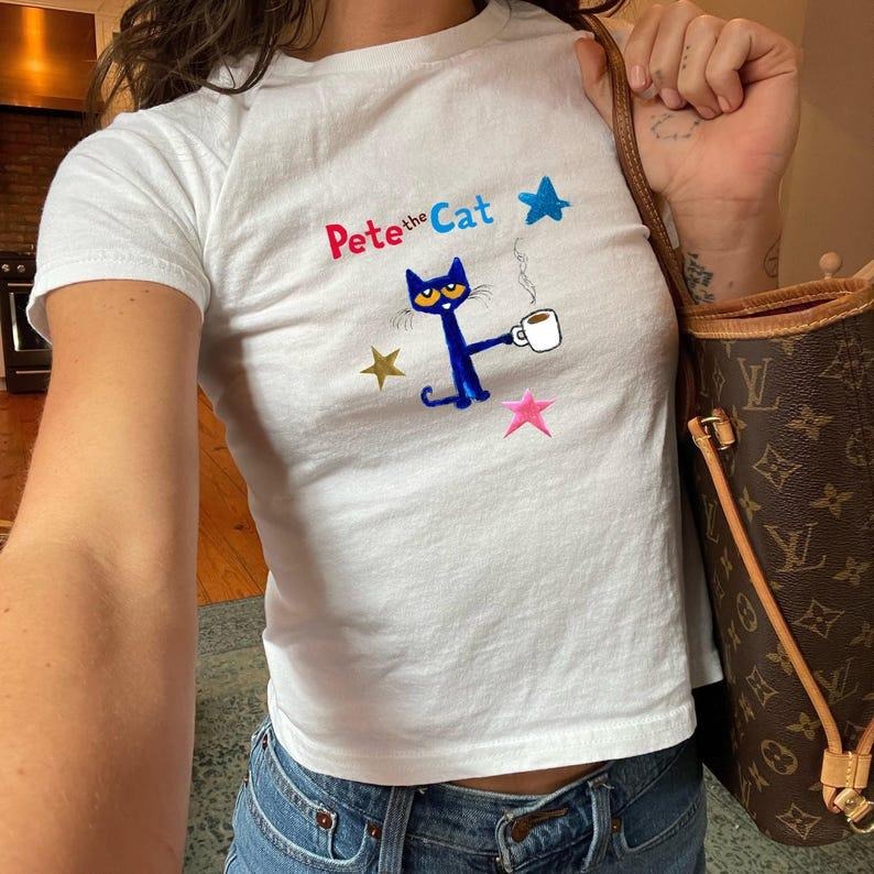 Pete The Cat Shirt Cool Cat Baby Tee, Pete The Cat Drinking Coffee, Children'S Nostalgia, Trendy Baby Tee, Coquette Vintage