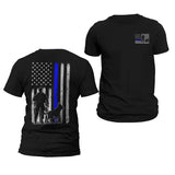 Police K-9 Unit Thin Blue Line Flag Front & Back Print Vertical Brushed Design T-Shirt Casual Classic Crewneck Menswear