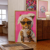 Printable Wall Art, Leopard Drinking Coffee Maximalist Oil Painting, Dopamine Dining Room, Colorful Trendy Kitchen, Vivid Morning Poster
