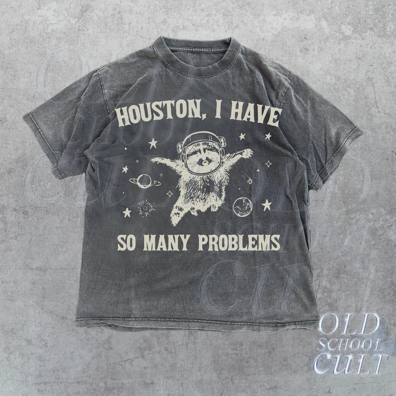 Raccoon In Space Retro 90s Graphic T-Shirt, Funny Galaxy Graphic T-shirt, Problems Gag Moon 90s Shirt, Vintage Animal Gag Unisex Tee,