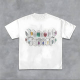 Rainbow Gem Grillz Graphic Tee Oversized Y2k Clothing Streetwear T-Shirt Graphic Tee for Men Women