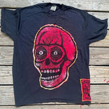 Red Skull Woodcut Appliqued  Hand printed  Limited Edition Woodcut T Shirt Menswear Cotton Top