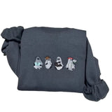 Retro Ghost  reading books embroidered sweatshirt; Halloween embroidered crewneck; Spooky season casual sweaters Casual Plain