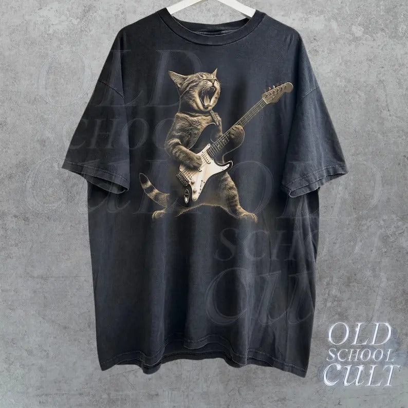 Rock Cat Playing Guitar Vintage Shirt, Retro Funny Guitar Cat T-Shirt, Cat Lovers, Rock Lovers Gift, Funny Gift, Rocker Oversized Shirt