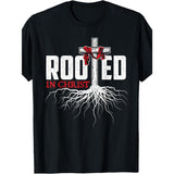 Rooted in Christ Men's T-Shirt - Black Cotton Christian Faith Graphic Tee with Cross Design, Casual Loose Fit Short Sleeve Summer Shirt for Casual Attire, Religious Clothing | Sporty Style Tee | Organic Cotton Shirt, Vintage T Shirts Made in USA