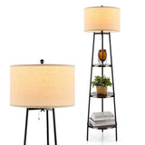 Modern, Floor Lamp, 3-Tier, Bookcase Shelf, Round Drum, Linen Lampshade