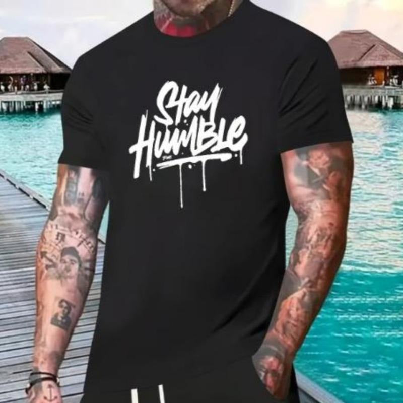 STAY HUMBLE Casual Comfy Outfit Black Melted Letter Print, Short Sleeve T-Shirt, Ultra-Soft, Breathable, Versatile, Comfortable, and Stylish Summer Wear for Men Made in USA