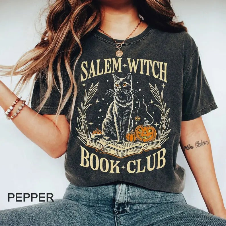 Salem Witch Book Club Black Cat Comfort Colors t-shirt, Witch Shirt, Spooky t-shirt, Halloween black cat Shirt Traditional Womenswear Collar Cotton