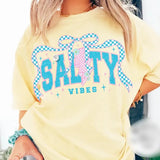 Salty Vibes Checkerboard Coquette Bow Yellow Shirt, Summer Vibes Tee, Retro Summer Beach Shirt, Gift for Her