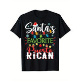 Santa's Favorite Puerto Rican Xmas Light Santa Hat Christmas T-Shirt, Black, 100% Cotton, Gift for Men Dad Friends, S-XXXL Made in USA