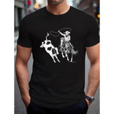 Scene Of Cowboy Lassoing Cow Print Men's T-shirt, Simple Breathable Comfy Top, Casual Crew Neck Short Sleeve T-shirt For Summer Daily Wear Made In USA