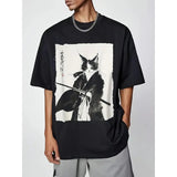 Short Sleeve Cotton Blend Men's Casual Comfort T-Shirt with Ink Cat Samurai Print - Crew Neck, Perfect for Summer Made in USA