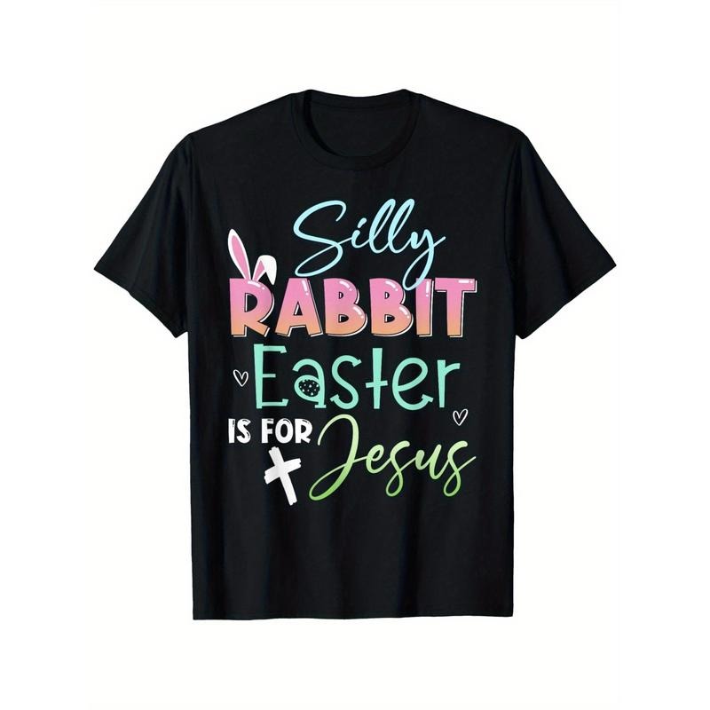 Silly Rabbit Easter Is for Jesus" T-Shirt - Black Cotton, Casual Crew Neck, Colorful Cross & Heart Design, Ideal Gift for Family and Friends on Easter, Christmas, Valentine's Day, Carnival, St. Patrick's Day, Festive Tshirt | Comfortable Tee Made in USA