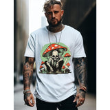 Skeleton And Mushrooms Print Tee Shirt, Tees For Men, Casual Short Sleeve T-shirt For Summer Made in USA