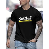 Softball Print T Shirt, Tees For Men, Casual Short Sleeve T-shirt For Summer Made in USA