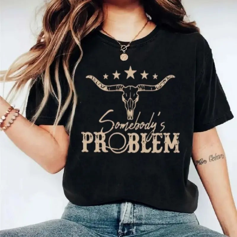 Somebody Nobody T Shirt, Western Cowgirl Country Music Bull Skull Shirt, Cow Print Vintage Tshirt, Unisex Short Sleeve Tee Cotton Womenswear Lady
