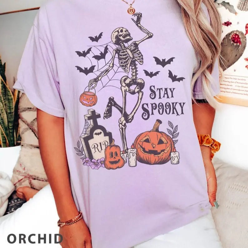 Spooky Varsity Letter Comfort Colors T-Shirt, Stay spooky t-shirt, Halloween Shirt, Witch T Shirt, Gift For Halloween, Gift for her Cotton Fabric Top Womenswear Collar Garment