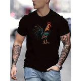 Stylish Rooster Print Tee - Breathable Short Sleeve Casual T-Shirt for Men - Perfect Summer Outdoor Sports Wear with Quick Drying Fabric and Relaxed Fit Made in USA