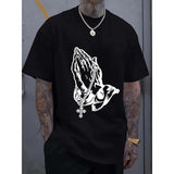 [Summer Printed Cotton Tee] Heavy Cotton Summer Printed T-shirt - Folded Hands Loose Casual Crewneck Printed Top for Gym Workout Outdoor Sports Made in USA