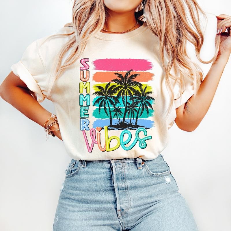 Summer Vibes T-Shirt, Bright Doodle, Beach Vibes T-Shirt,Lake Days T-Shirt,Hello Summer T-Shirt,Beach T-Shirt, Vacation,Tropical Palm Tree T-Shirt,Ocean Sunset T-Shirt